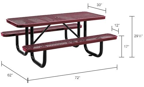 Global Industrial 6’L Rectangular Picnic Table, Expanded Metal, Red Thermoplastic Coating, Attached Benches, 1-1/2” Umbrella Pole Hole, Outdoor-Rated, 1000 lb Capacity, 72” x 30” Tabletop - color: Red