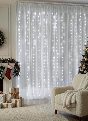 Brightown Curtain String Lights, Hanging Fairy Lights with Remote, 8 Modes, Waterproof Window Lights for Bedroom Backdrop Wedding Outdoor Christmas Party, White, 300LEDs - color: White, size: 300LED