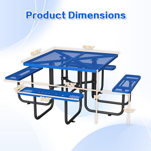 46" Square Metal Picnic Tables for Outdoors with Umbrella Hole - Coated Steel Heavy Duty Commercial Grade Table with Seats, Patio Furniture Set for a Lifetime, Blue - color: Blue-square