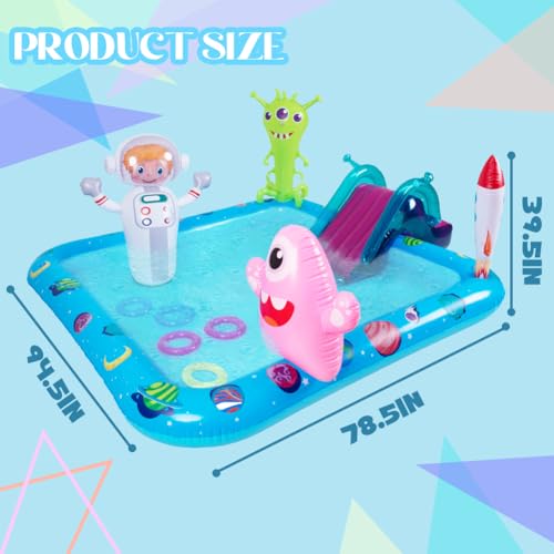 Inflatable Play Center Pool with Slide, Space Astronaut Square Kiddie Pool, 94.5" Square Outdoor Water Play Center with Sprinkler & Ring Toss for Summer Outdoor, Garden/Backyard Fun - size: 94.5"