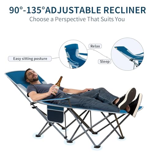 Folding Beach Chair Recliner for Adults - Heavy Duty 300lbs Camping Chair with Adjustable Backrest & Footrest, Portable Outdoor Lounge Chair for Backyard, Fishing, Travel - color: Blue
