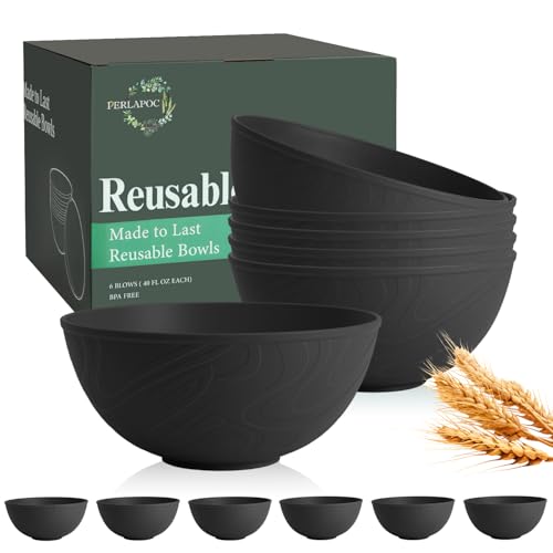 Unbreakable Cereal Bowls 40 OZ, Wheat Straw Bowls Set of 6, Anti Scald Extra Thick Soup Bowls, Reusable Plastic Bowl for Kitchen, Outdoor, Camping, RV, Black - color: Black, size: 40 Oz