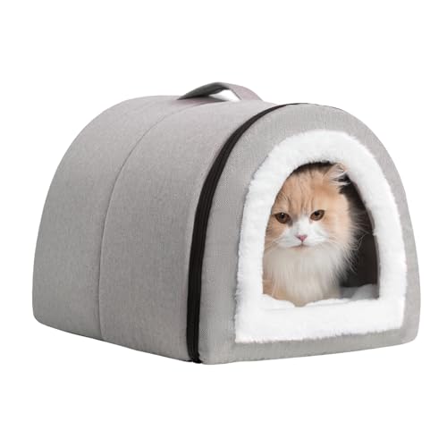 Hollypet Cat Bed Self-Warming 2 in 1 Foldable Kitty Cave Hut House Nest Pet Sleeping Bed, Linen Pet Condo for Indoor Cats, Gray Arched Cave - color: Gray Arched Cave