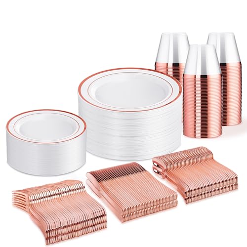 WELLIFE 300 PCS Rose Gold Dinnerware Set for 50 Guests, Valentine's Day Plate, 50 Dinner & Salad Plates,Cups, Forks Knives Spoons for Wedding Reception and Mothers Day Plates - color: Rose Gold, size: 50 Guests