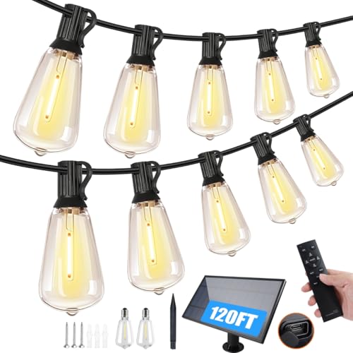 Bdrofn 120FT Solar String Lights Outdoor,Solar Patio Lights Waterproof with Remote & 40+2 Dimmable ST38 Shatterproof LED Bulbs,Commercial Grade Solar Powered String Lights for Outside - size: 120FT