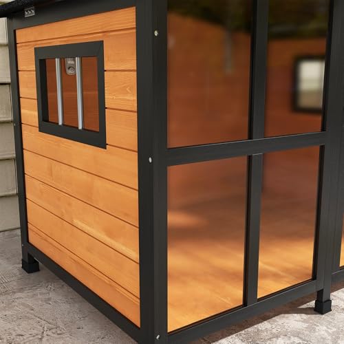 PawHut Outside Cabin-Style Wooden Dog House for Large Dogs with Openable Roof & Giant Window, Outdoor & Indoor Big Dog Shelter, Asphalt Roof, Yellow - color: Yellow