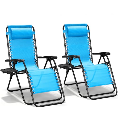 Zero Gravity Chairs Set of 2, Adjustable Lounge Chair Outdoor Recliner, Folding Reclining Lawn Chair, Anti Gravity Chair with Pillow & Cup Holder for Pool Camping Sunbathing Beach Patio (Sky Blue) - color: Sky Blue, size: 2pcs
