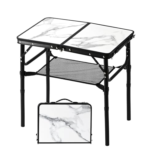 YUFIFAIRY Small Folding Camping Table, 2ft Portable Table with 3 Adjustable Heights, Aluminum Lightweight Foldable Picnic Table with Mesh Layer and Extension Legs for RV, Camp and Indoor (Black Frame) - color: White Marble Top & Black Frame