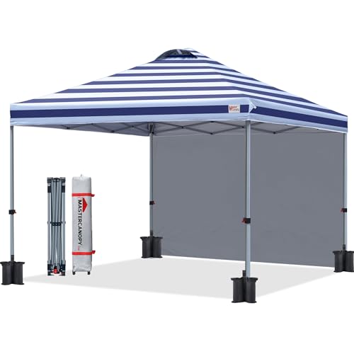 MASTERCANOPY Durable Pop-up Canopy Tent with 1 Sidewall (10'x10',Navy Blue Stripes) - color: Navy Blue Stripes, size: 10x10