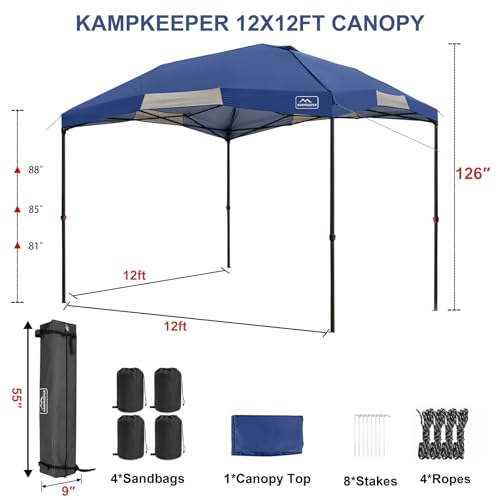 KAMPKEEPER 12x12 Pop Up Canopy Tent,Heavy Duty Outdoor Sun Shade for Events,Camping,Parties - Polygonal Patio Gazebo with Wheeled Bag,4 sandbags(Navy Blue, 12x12FT) - color: Blue, size: 12x12FT