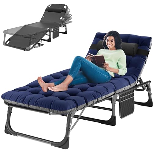 ABORON 3-in-1 Folding Patio Lounge Chair, 440LB Heavy-Duty Tri-Fold Guest Bed with Plush Cotton Cushion, No Assembly Adjustable Recliner for Office Nap, Patio Sunbathing, Poolside & Camping - color: Warm Copenhagen