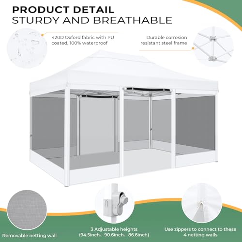 COBIZI 10x15 Heavy Duty Pop Up Canopy with 4 Sidewalls, Commercial Gazebo Party Tent with Mosquito Netting Wall Easy Set Up Outdoor Instant Screen Tent for Backyard, Patio, Garden, White - color: White, size: 10x15FT