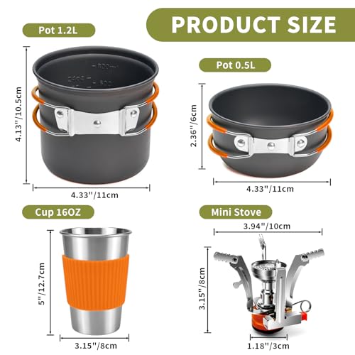 aiGear 8pcs Camping Cookware Mess Kit, Camping Pot and Pan Set with Mini Backpacking Stove, Stainless Steel Cup, Spork and Tank Bracket, Cooking Gear for Hiking Camping Outdoor Picnic - color: Orange