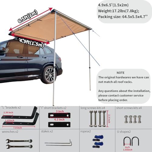 DANCHEL OUTDOOR Car Awning Pull-Out Roof Rack Vehicle Awning UPF50+ Sun Shelter Canopy for SUV Truck Camper Overland Camping, 4.9x6.5ft Khaki - color: khaki pull-out awning, size: 4.9x6.5ft