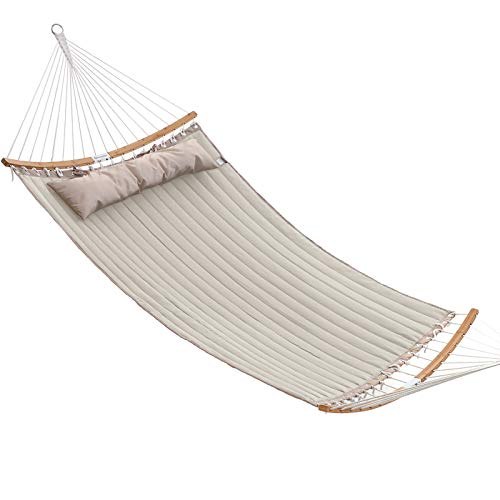 SONGMICS Hammock, Quilted Hammock with Curved Bamboo Spreaders, Pillow, 78.7 x 55.1 Inches, Portable Padded Hammock Holds up to 495 lb, Cream and Beige UGDC34BE - color: Cream + Beige