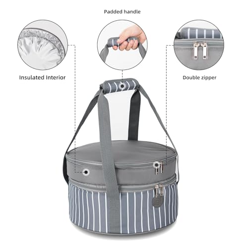 Fun Elements Insulated Casserole Carrier for Hot or Cold Food, 12.5 Inch Pie Carrier with Lid and Handle, Round Food Container for Transport, Grey - style: Classic