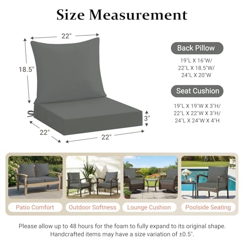 downluxe 22x22 Outdoor Chair Cushions, Waterproof Fade Resistant Patio Furniture Cushions with Handle & Removable Cover, Deep Seat Outdoor Cushions for Sofa, Couch and Patio Chairs, Dark Grey - color: Dark Grey, size: 22 x 22 Inch