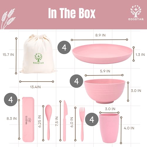 ECOSTAR Wheat Straw Dinnerware Sets Unbreakable Plates Bowls and Cups Reusable Utensils Dishwasher Microwave Safe Bowls and Plates Sets (Pink) - color: Pink