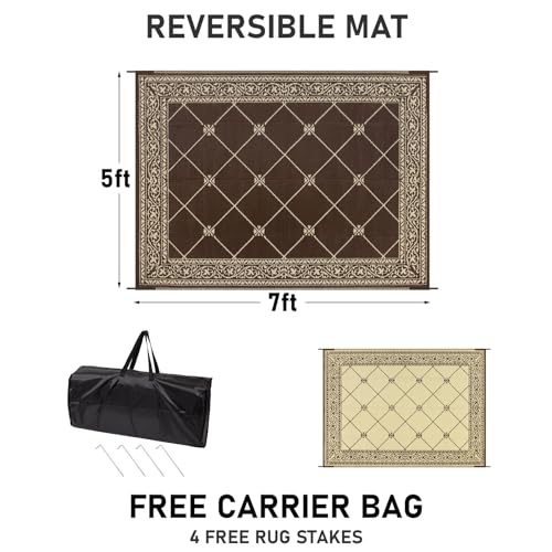 Reversible Outdoor Rug 5'x7' Plastic Straw Rugs for Patios RV Camping Mat Reversible Mats Large Floor Mat for RV Outside, Backyard, Deck, Picnic, Beach, Trailer, Camping - color: Classic Brown, size: 5' x 7' (Rectangular)