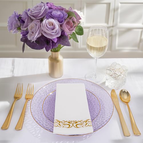 DaYammi 350 Pcs Clear Purple Gold Plastic Plates, Hammered Disposable Dinnerware, Clear Purple Plates Set Include 100 Plastic Platos, 150 Gold Disposable Silverware, 50 Cups And 50 Napkins for Party - color: Clear Purple, size: 350 Pcs