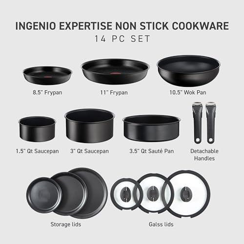 T-fal Ingenio Expertise Non Stick Cookware Set 14 Piece, Induction Oven Broiler Safe 500F, Detachable/Removable Handle, Kitchen, Pots and Pans, RV, Camping, Fry Pans, Saucepans, Dishwasher Safe Black - color: Black, size: 14-Piece