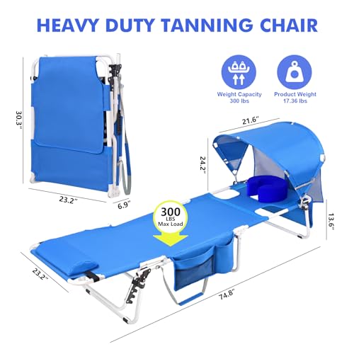 Tanning Chair with Sun Canopy Face Hole Softer Padded Adjustable Washable, Heavy Duty Layout Folding Lounge Chair for Adults Outside Beach Reading Sunbathing Poolside Lawn, UPF 50+ Sun Shade, 300 LBS - color: Royal Blue, size: Standard Size