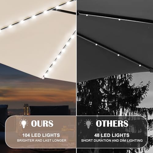 Sundale Outdoor Olefin 5-Year-Non-Fading Solar 104 LED 11FT Solar Patio Umbrella with Sand Bag Base, Outdoor Umbrella with Tilt and Crank, Tan - color: Tan, size: 11FT