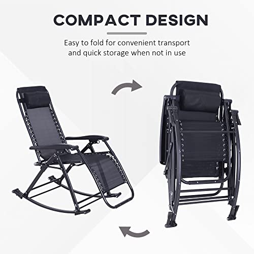 Outsunny Outdoor Rocking Chairs, Foldable Reclining Zero Gravity Lounge Rocker with Pillow, Cup & Phone Holder, Combo Design with Folding Legs, Black - color: Black, size: 1 Pack