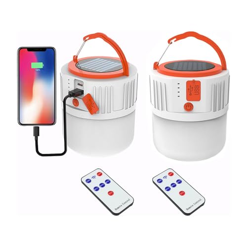 [100W 5000Mah] Solar Camping Lights Portable Rechargeable Lantern Hooked Hanging Tent Lamp Remote Battery Bulbs Outdoor 5000mah 5 Modes Waterproof for Power Outages Canopy Gathering Emergency 2 Pack - color: 2 Pack-orange-5000mah-with Remote Control