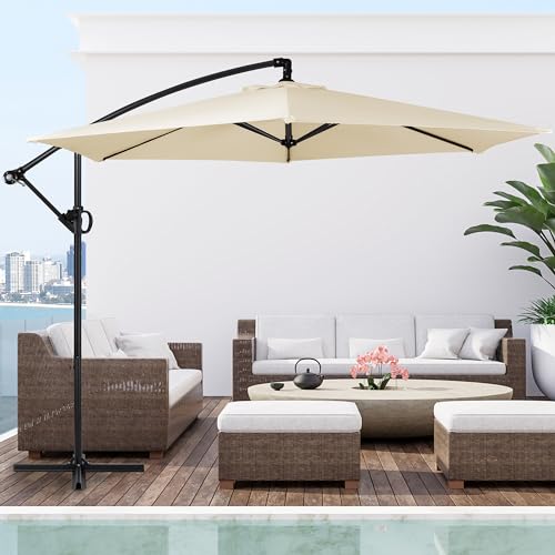 Shintenchi Patio Offset Umbrella with Easy Tilt Adjustment,Crank and Cross Base, Outdoor Cantilever Hanging Umbrella, Sunshade Canopy, Cream White - color: Beige, size: 16FT