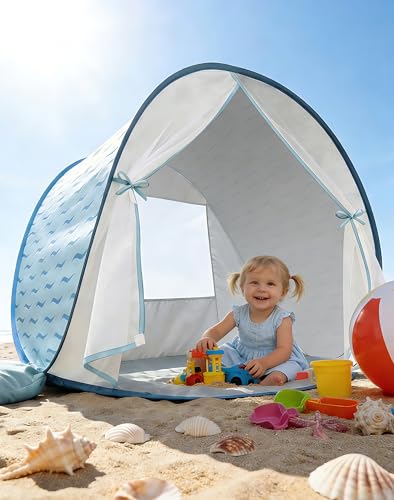 Baby Beach Tent, 2026 Upgrade Pop Up UPF 50+ UV Protection Sun Shelter Canopy with Mosquito Net Portable Outdoor Shade Summer Essentials for Babies & Toddlers- Blue - style: Blue Waves