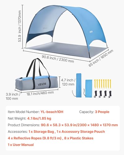 VEVOR Beach Tent Sun Shelter for 3 Person, UPF 50+, Portable Sun Shade Beach with Carrying Bag & Ground Stakes, Lightweight and Easy Setup Beach Umbrella for Camping Fishing Outdoor Picnic - size: 3 Person