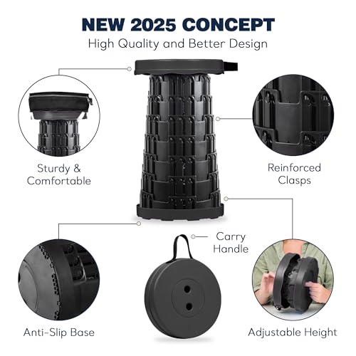 2025 Upgraded Collapsible Stool & 3-in-1 Cushioned Carry Bag, Adjustable Height Folding Stool, Telescopic Camping Chair Retractable Seat or Footrest for Outdoors & Travel, Max 620lbs - color: Black, size: 1 Pack Stool with Carry Case