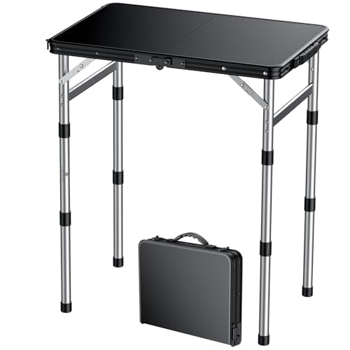 FUNYKICH Camping Table with Waterproof Plastic Tabletop 22.8''x15.7'', 3 Height Adjustable Small Folding Table, Lightweight Portable Picnic Table with Carry Handle for Picnic Beach Travel,Black Silver - color: Black Silver