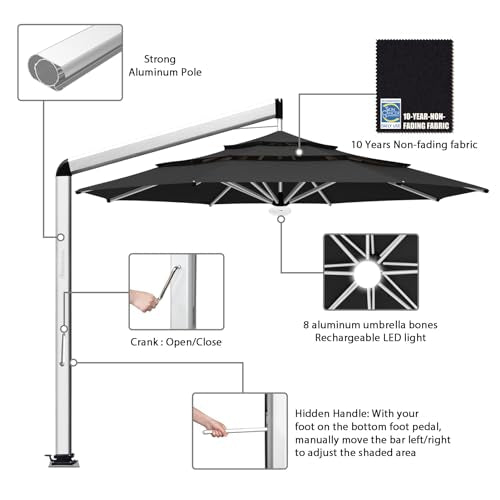 EliteShade USA Atlas 3-Tier 11FT Full Aluminum Cantilever Patio Umbrella for Outdoor restaurant Garden Courtyard Deck Pool and Marketing with Light,Black - color: Black, style: 11FT Atlas