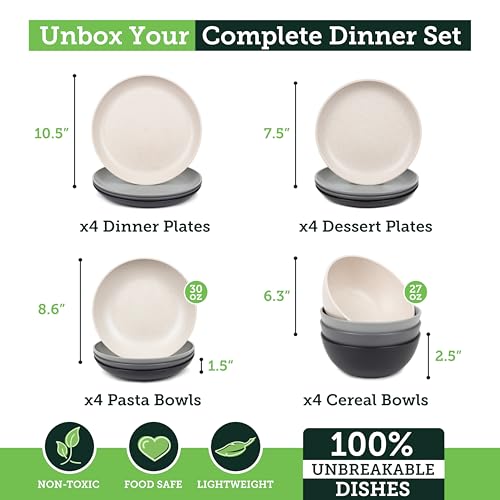 Grow Forward 16-piece Premium Wheat Straw Dinnerware Sets for 4 - Unbreakable Dishwasher & Microwave Safe Plastic Plates and Bowls Sets - Patio, Outdoors, RV, Camping Dishes - Moonlight - color: Moonlight