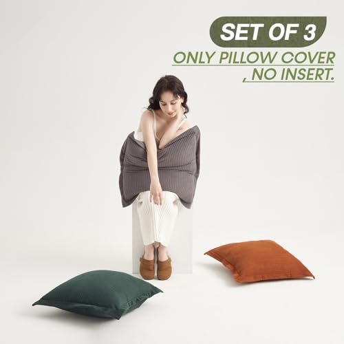 COCO TOP Pack of 3 Neutral Boho Decorative Throw Pillow Covers 20x20inch, Super Soft Textured Corduroy Pillow Covers Apartment Boho Room Decor for Couch Sofa Living Room Loung（Grey，Dark Green & Rust） - color: Grey/Dark Green/Rust, size: 20" x 20" (Pack of