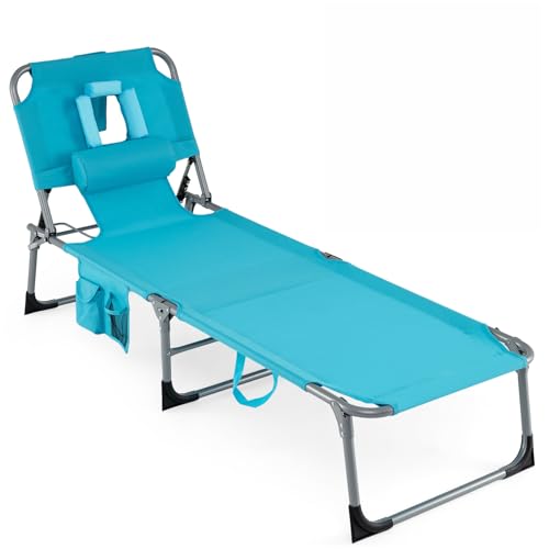 COSTWAY Tanning Chair with Face Hole, Folding Beach Lounge Chair with 4-Position Adjustable Backrest, Pillow & Side Pocket, Foldable Chaise Lounge Chair Outdoor for Sunbathing, Camping (1, Turquoise) - color: Turquoise