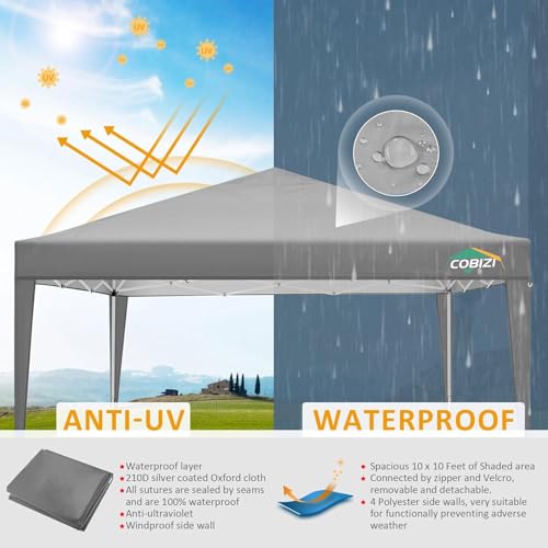 COBIZI 10x10 Pop Up Canopy Tent with 4 Sidewalls Party Tents Waterproof UPF 50+ Commercial Instant Outdoor Events Tent for Parties Markets Backyard, Ropes（10 x 10 ft Gray - color: Gray, size: 10x10FT with 4 sidewalls