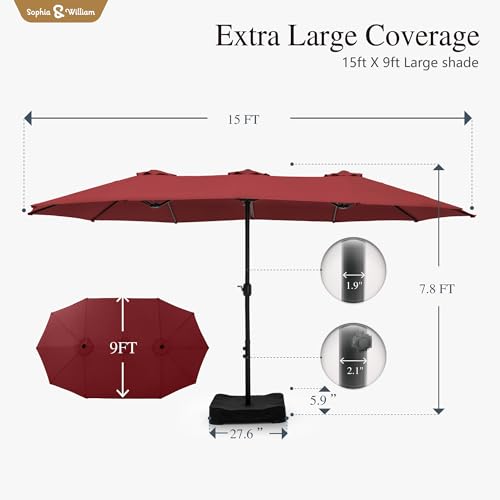 Sophia & William 15 ft Extra Large Patio Umbrella with Base Included, Rectangular Outdoor Umbrella Heavy Duty, Market Umbrella Double-sided Fade Resistant for Pool Garden Backyard, Burgundy - color: Burgundy