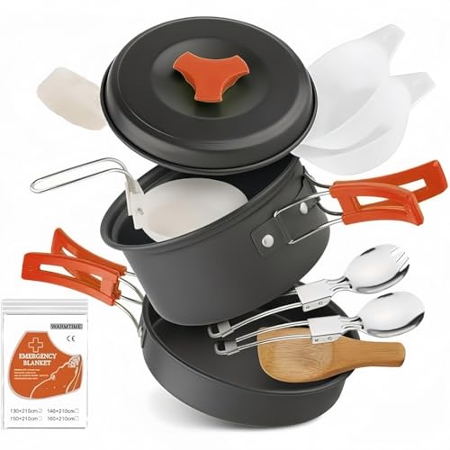 Voyage Living 12 PCS Lightweight Camping Cookware Set – Non-Stick Pots, Pans & Utensils for Backpacking, Hiking – Compact Mess Kit for 1-2 People, Gift with Emergency Blanket