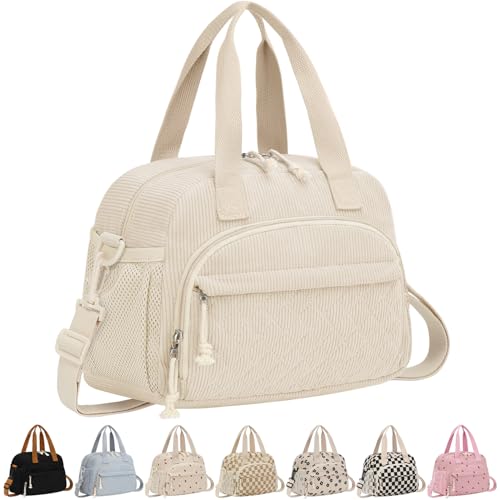 ELONGRIVER Corduroy Insulated Lunch Bag for Women Teen Girls, Portable Adult Lunch Box, Reusable Tote Cooler Bags, Lightweight Womens Lunch Bags with Front Pockets for Work School Picnic Travel, Beige - color: Beige