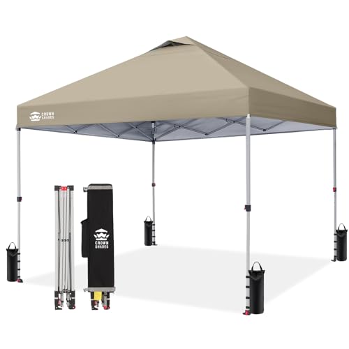 CROWN SHADES 10x10 Pop Up Canopy, Patented Center Lock One Push Tent Canopy, Newly Designed Storage Bag, 8 Stakes, 4 Ropes, Beige - color: Beige, size: 10x10