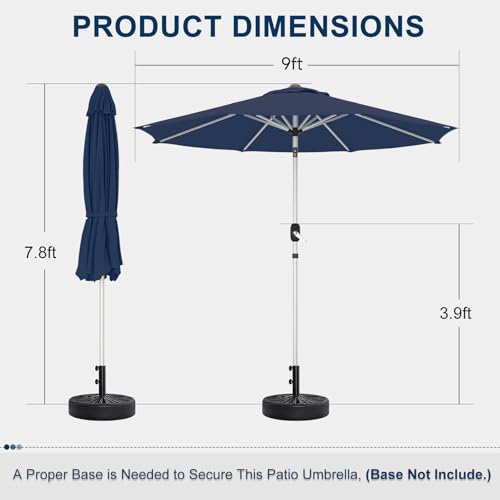 9FT Aluminum Outdoor Patio Umbrella, Fade-Resistant Market Umbrella with Push Button Tilt Function, 8 Sturdy All-Aluminum Ribs for Gardens, Patios, Backyards & Pools - color: Navy Blue, size: 9FT-1Tier (Aluminum Umbrella)