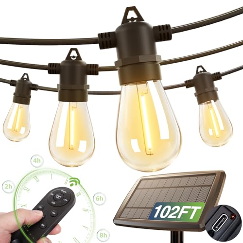 addlon 102FT(96+6) Solar String Lights Outdoor Waterproof with USB Charging & Remote Control - Dimmable Solar Power Patio Lights with LED Bulbs for Porch, Garden, Yard, Market, Bistro - Lasts 20+ Hrs - size: 96+6FT(32 Sockets)