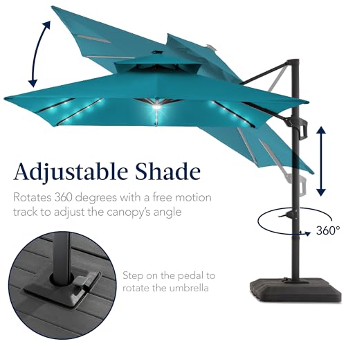 Best Choice Products 9x12ft LED Cantilever Patio Umbrella w/Base Included & 360° Rotation, Large Solar Offset Hanging Outdoor Sun Shade for Deck, Backyard Table w/Stand & Lights – Cerulean - color: Cerulean, size: 9x12ft