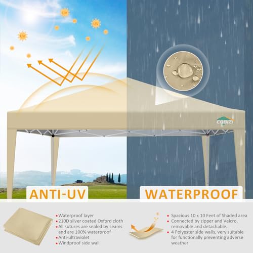 COBIZI 10x10 Pop Up Canopy Tent with 4 Sidewalls,10x10 Easy Up Waterproof Canopy Tents for Parties Camping Exhibition, Outdoor Easy Set U Gazebo Tent with Carry Bag,8 Stakes & 4 Ropes (Khaki) - color: Khaki, size: 10x10FT with 4 sidewalls