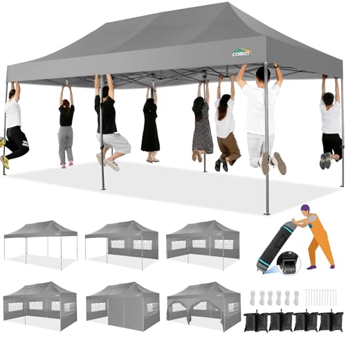 COBIZI 10x20 Heavy Duty Pop up Canopy Tent with 6 sidewalls Easy Up Commercial Outdoor Canopy Wedding Party Tents for Parties All Season Wind & Waterproof Gazebo with Roller Bag,Grey(Frame Thickened) - color: Gray, size: 10x20 With 6 Sidewalls