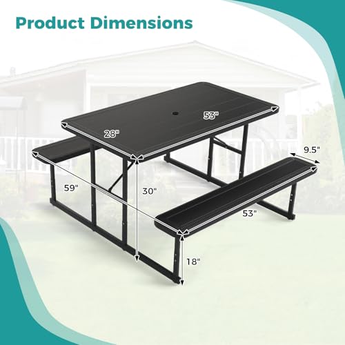 LDAILY Picnic Tables with Benches, Rectangular Dining Table Set for Outside 4 People, HDPE Tabletop, Metal Frame, Umbrella Hole, Heavy Duty Picnic Table for Outdoors, Patio, Lawn, Commercial (Black) - color: Black