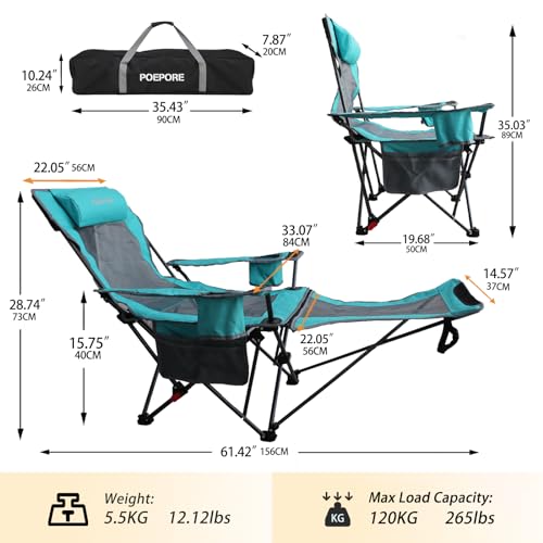 Reclining Camping Chair with Removable Footrest Lounge Chair with Headrest, Cotton Cushion, Portable Adjustable Folding Chairs - color: Cyan, size: 2 pack